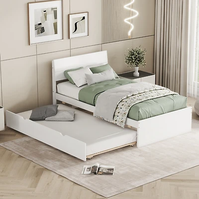 Simplie Fun Modern Twin Bed Frame with Trundle, White Gloss Finish