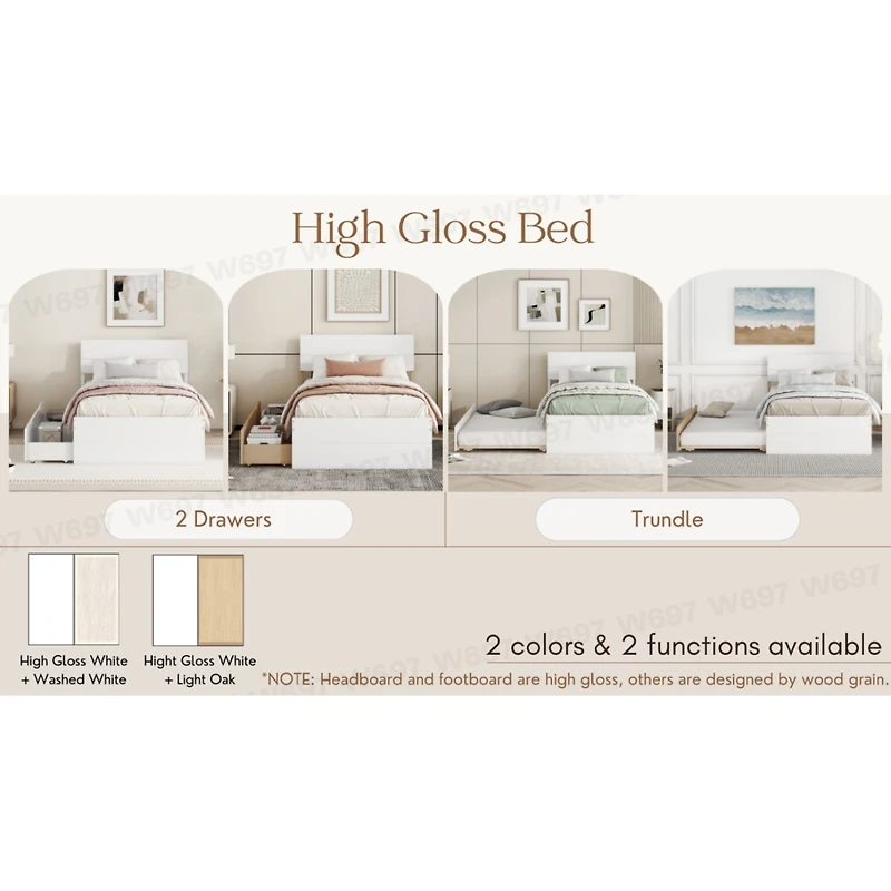 Simplie Fun Modern Twin Bed Frame with Trundle, White Gloss Finish