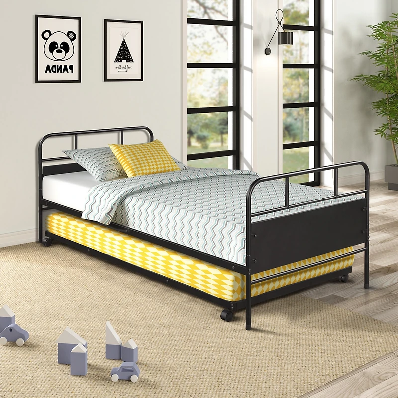 Streamdale Furniture Metal Daybed Platform Bed Frame With Trundle Built-In Casters, Twin Size