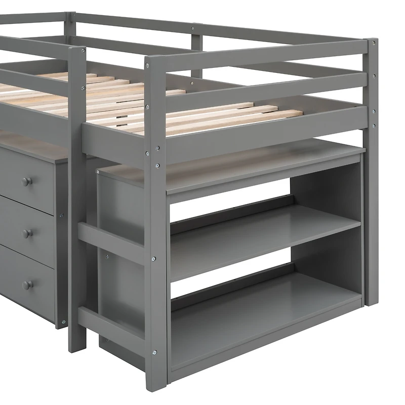Streamdale Low Study Twin Loft Bed With Cabinet And Rolling Portable Desk