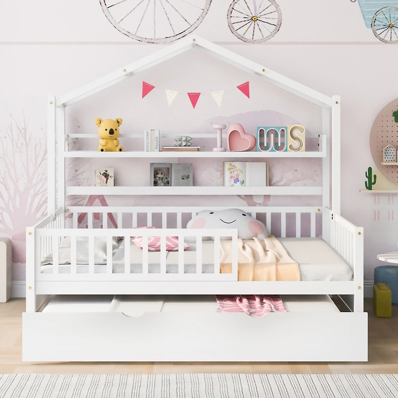 Streamdale Twin-Size Trundle Kids Bed with Shelf, White