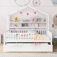 Streamdale Twin-Size Trundle Kids Bed with Shelf, White