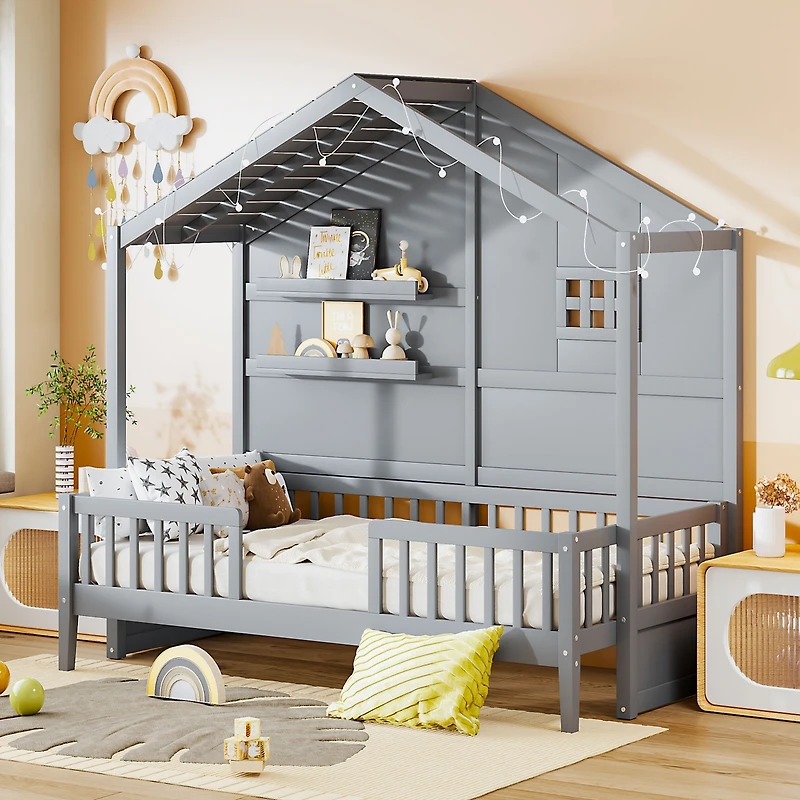 Streamdale Twin House Bed with Shelves, Window, and Lights