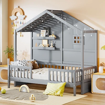 Streamdale Twin House Bed with Shelves, Window, and Lights