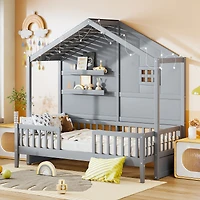 Streamdale Twin House Bed with Shelves, Window, and Lights