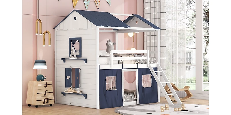 Streamdale Full Bunk Wood House Bed With Elegant Windows, Sills And Tent
