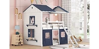 Streamdale Full Bunk Wood House Bed With Elegant Windows, Sills And Tent