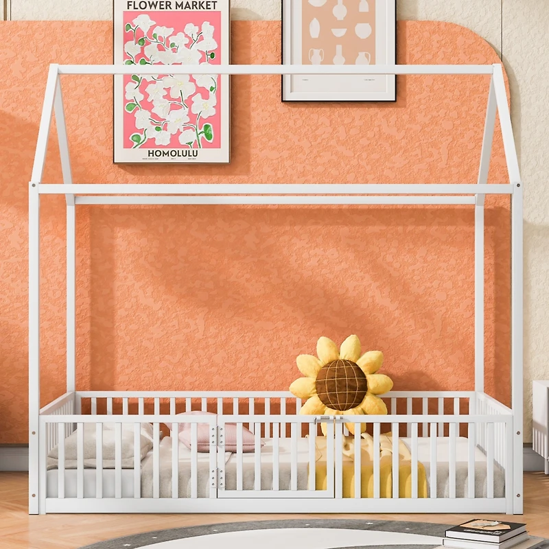 Streamdale Twin Metal House Bed With Fence And Door