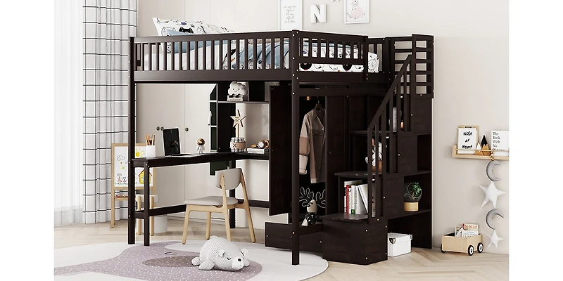 Streamdale Full Loft Bed With Bookshelf, Drawers, Desk, And Wardrobe White