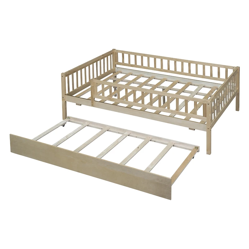 Simplie Fun Full Wood Daybed With Trundle And Fence Guardrails