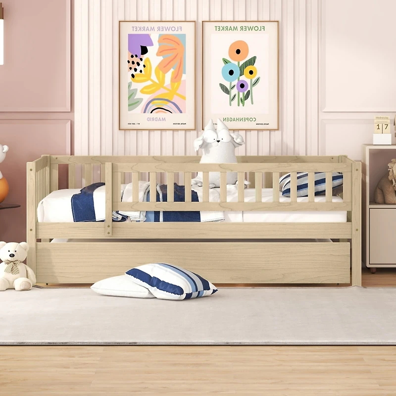 Streamdale Twin Wood Daybed With Trundle And Fence Guardrails