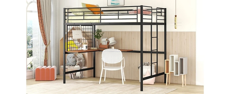 Simplie Fun Full Metal Loft Bed With Desk And Metal Grid