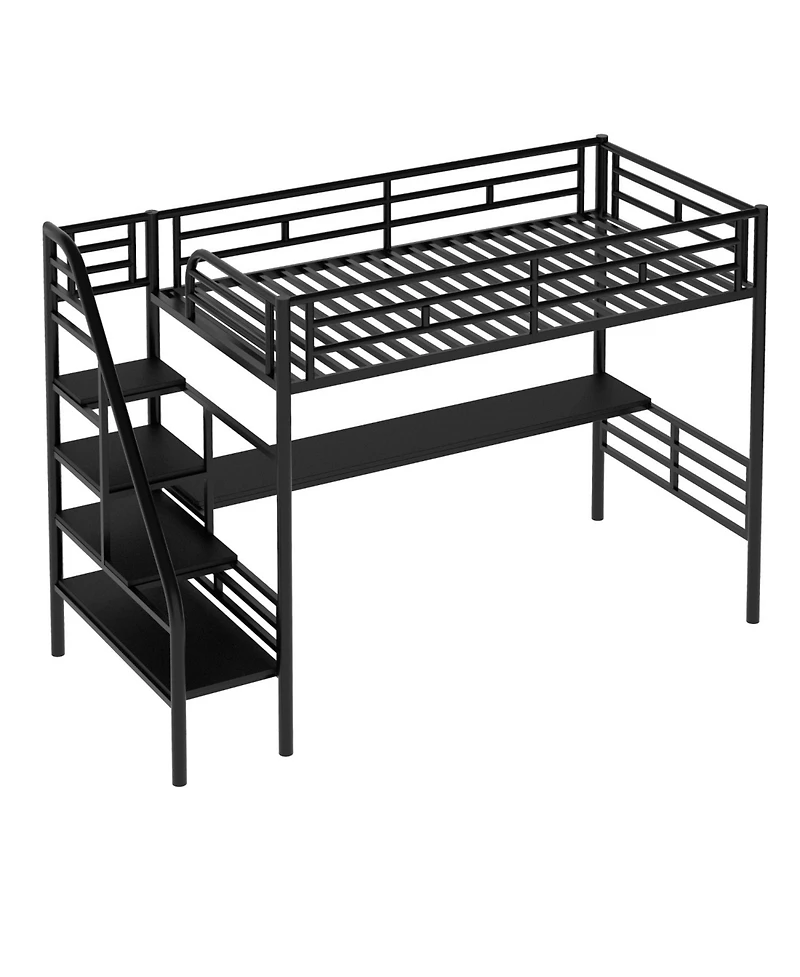 Simplie Fun Metal Loft Bed Frame With Desk, No Box Spring Needed, Twin