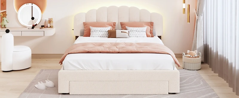 Streamdale Teddy Fleece Queen Upholstered Platform Bed With Drawer, White