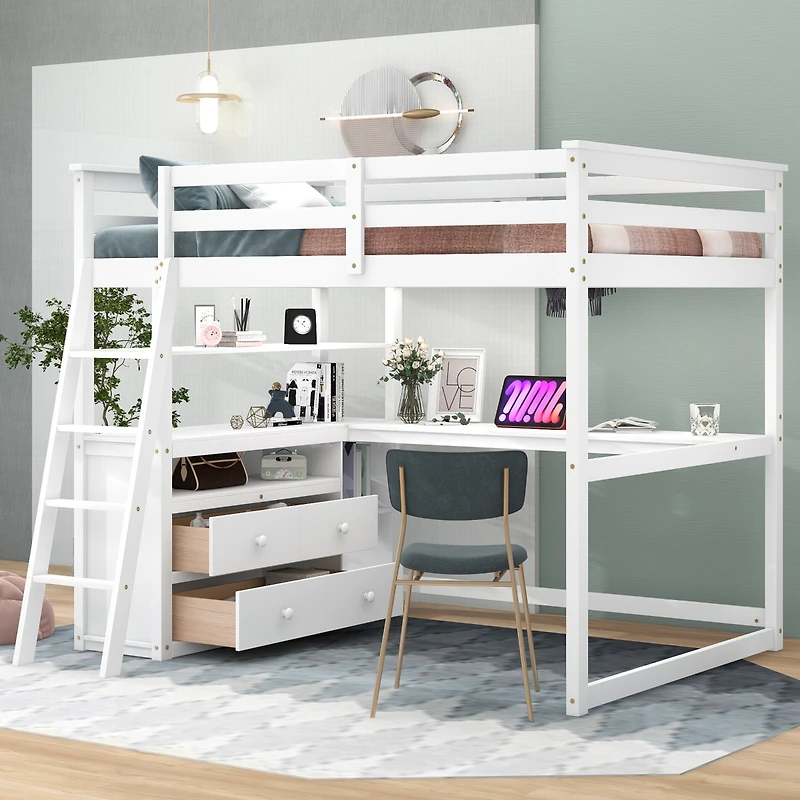 Streamdale Full Loft Bed With Desk And Shelves, Two Built-In Drawers