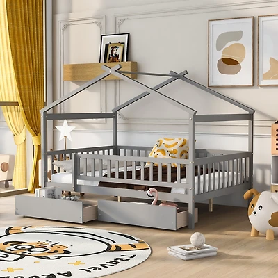 Streamdale Full Wooden House Bed With Two Drawers