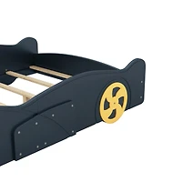Streamdale Furniture Full Size Race Car-Shaped Platform Bed With Wheels And Storage, Dark Blue+Yellow