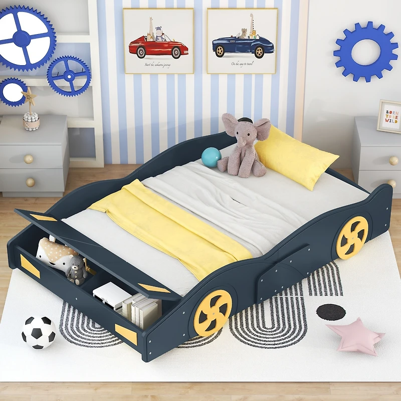 Streamdale Furniture Full Size Race Car-Shaped Platform Bed With Wheels And Storage, Dark Blue+Yellow