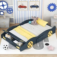 Streamdale Furniture Full Size Race Car-Shaped Platform Bed With Wheels And Storage, Dark Blue+Yellow