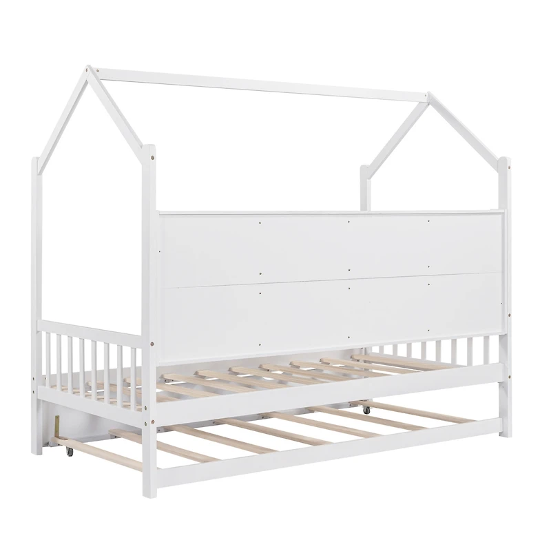 Streamdale Wooden Twin Size House Bed With Trundle, Kids Bed With Shelf, White