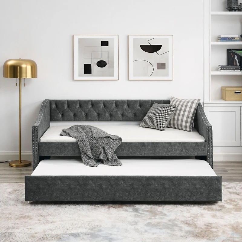 Streamdale Furniture Tufted Upholstered Twin Daybed with Trundle, Grey