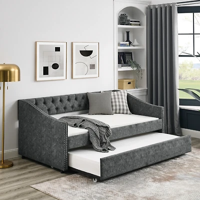 Streamdale Furniture Tufted Upholstered Twin Daybed with Trundle, Grey