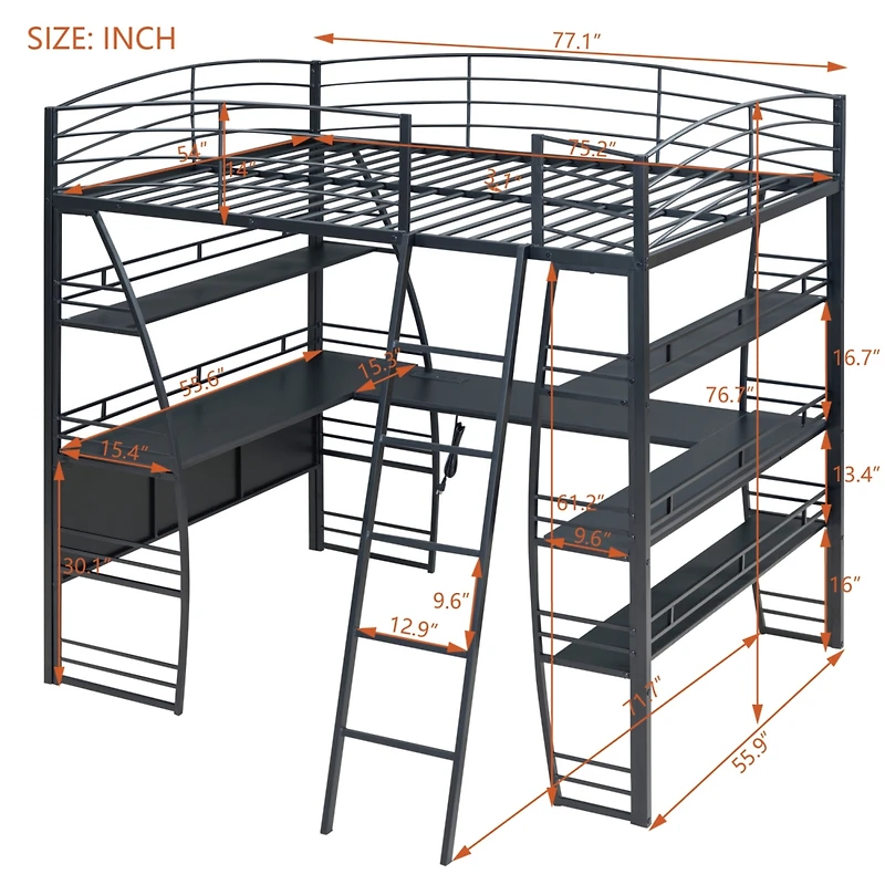 Streamdale Full Size Loft Bed with Shelves, L-Shaped Desk & Charging Ports
