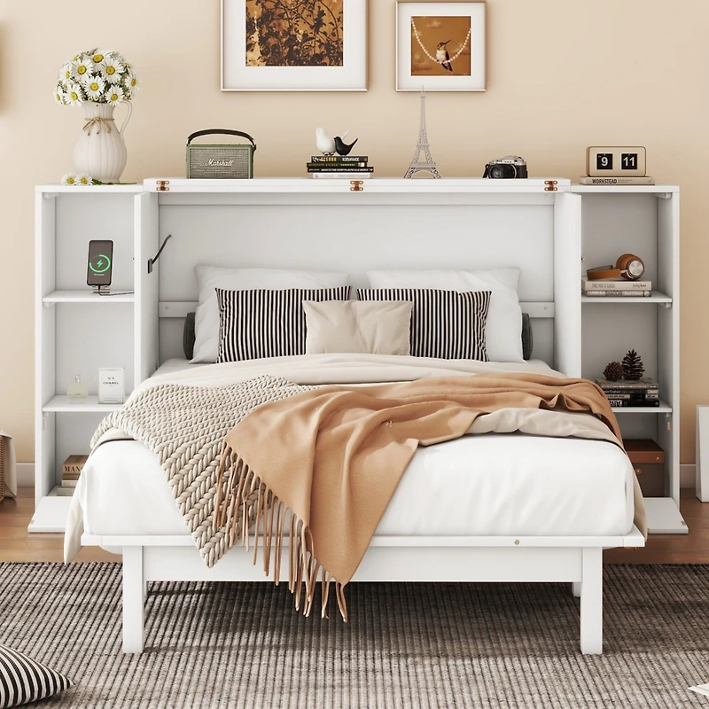 Streamdale Full Murphy Bed with Shelves, Drawers and Usb Ports, Gray