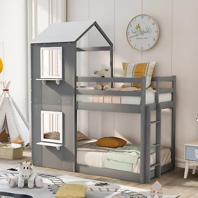 Streamdale Twin Over Bunk Bed Wood With Roof, Window, Guardrail, Ladder