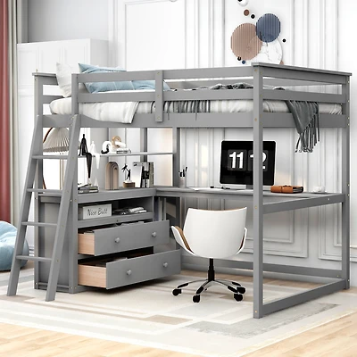 Streamdale Full Size Loft Bed With Desk And Shelves, Two Built-In Drawers