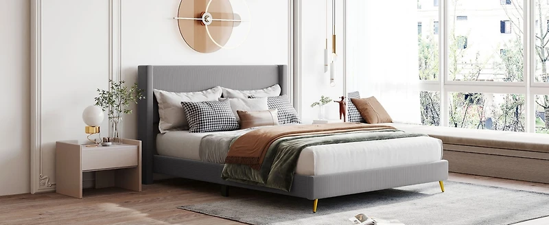 Streamdale Queen Size Corduroy Platform Bed With Metal Legs