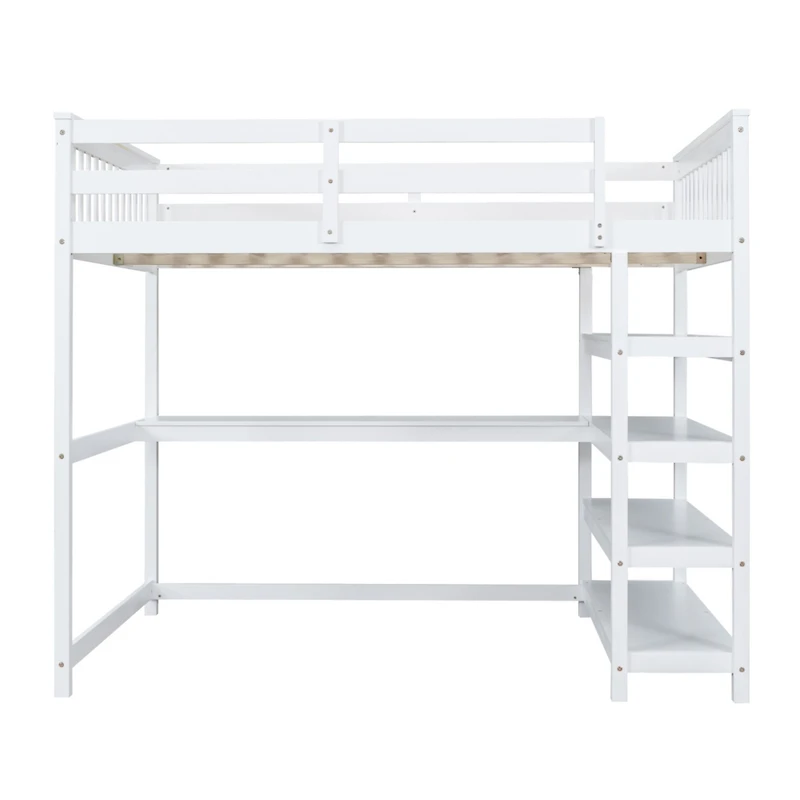Simplie Fun Full Size Loft Bed With Storage Shelves And Under-Bed Desk