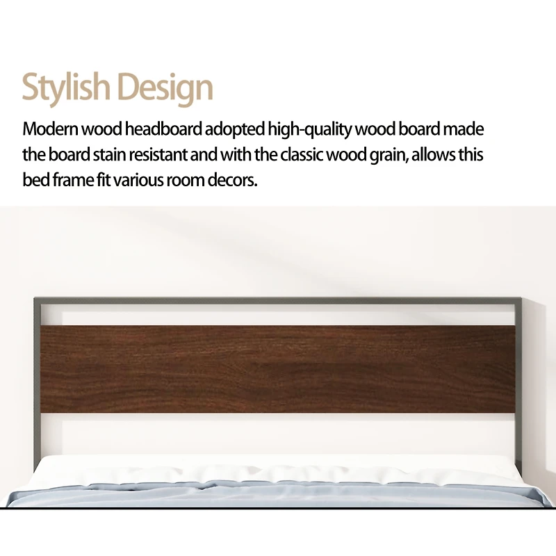 Streamdale Furniture Ceres Metal Bed Black with Walnut Wood Headboard&Footboard Queen