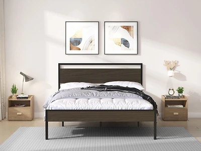 Streamdale Furniture Ceres Metal Bed Black with Walnut Wood Headboard&Footboard Queen