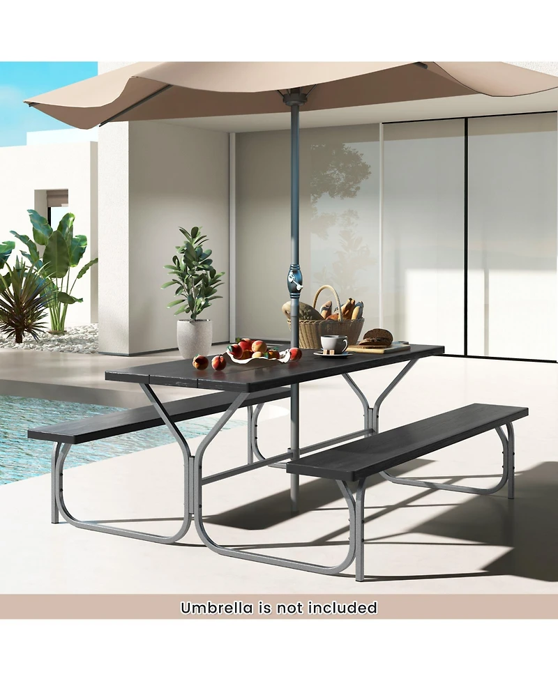 Slickblue 6 Ft Picnic Table Bench Set Dining and 2 Benches with Metal Frame Hdpe Tabletop