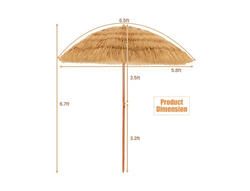 Slickblue 6.5 Feet Portable Thatched Tiki Beach Umbrella with Adjustable Tilt
