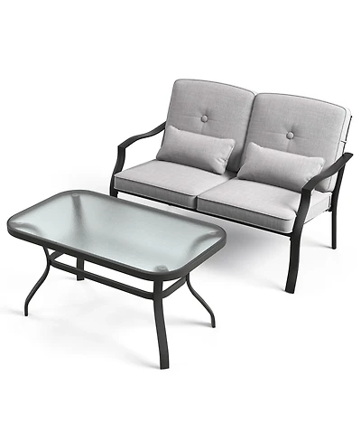 Slickblue Outdoor Loveseat Chair Set with Tempered Glass Coffee Table