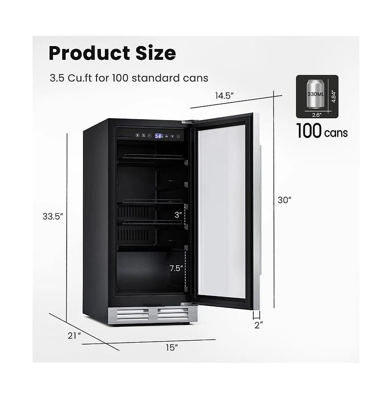 Slickblue 15 Inch 100 Can Built-in Freestanding Beverage Cooler Refrigerator with Adjustable Temperature and Shelf-Silver