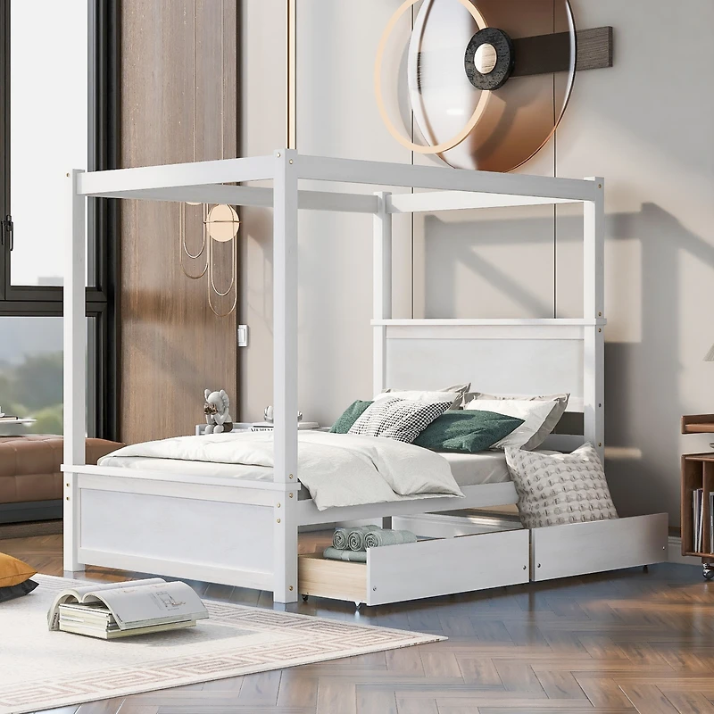 Streamdale Full-size wood canopy bed with drawers, no box spring needed