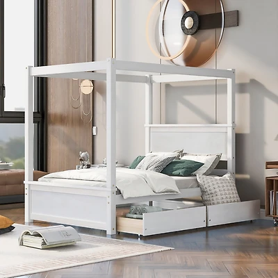 Streamdale Full-size wood canopy bed with drawers, no box spring needed