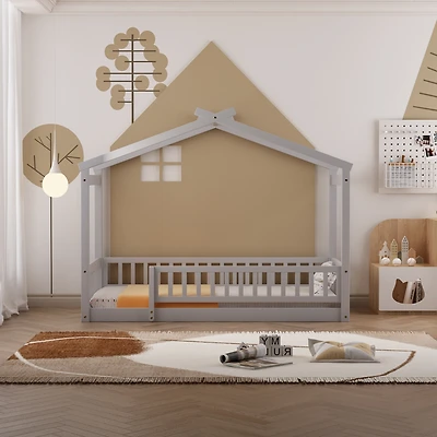 Streamdale Walnut Fence Bed House Frame for Kids and Teens