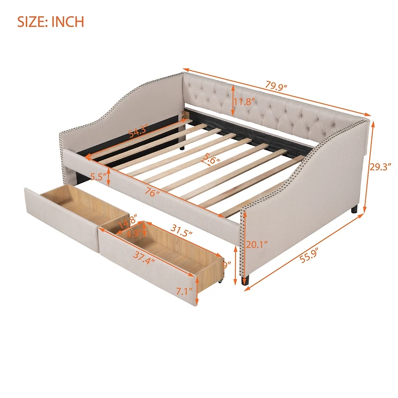 Streamdale Upholstered Daybed With Two Drawers, Wood Slat Support Full