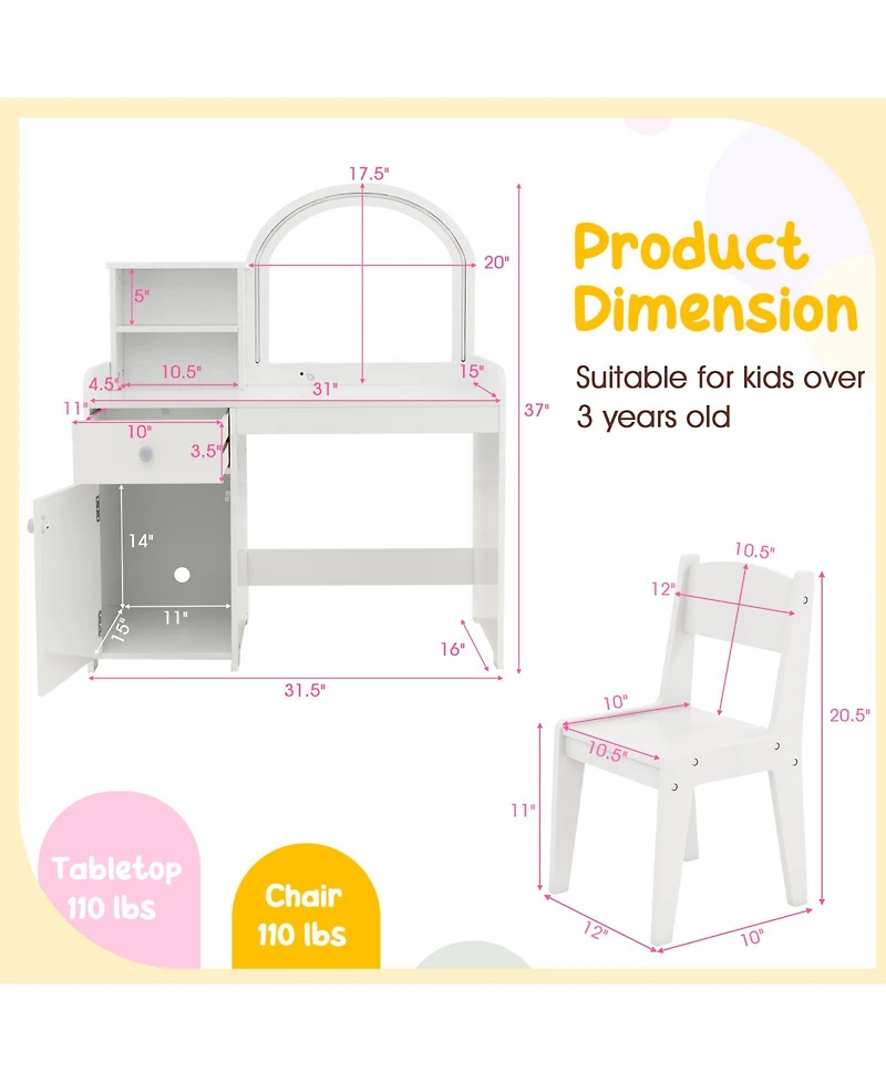 Slickblue Kids Vanity Table and Chair Set with Shelves Drawer Cabinet