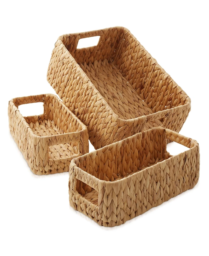 Casafield Water Hyacinth Storage Basket Set for Shelves - 1-Large, 2-Small - Woven Storage Bin Organizers with Handles - Natural
