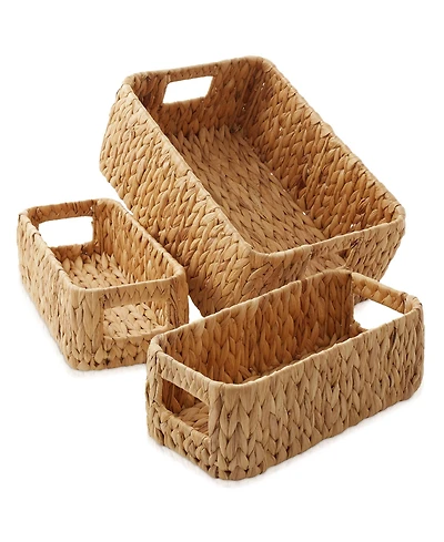 Casafield Water Hyacinth Storage Basket Set for Shelves - 1-Large, 2-Small - Woven Storage Bin Organizers with Handles - Natural