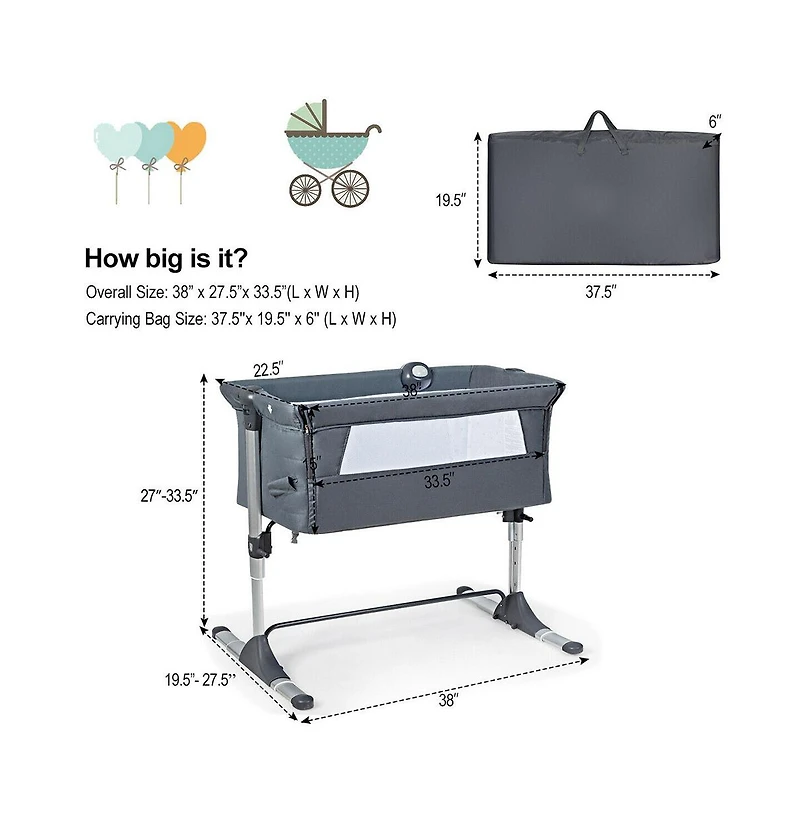 Height Adjustable Baby Side Crib with Music Box & Toys