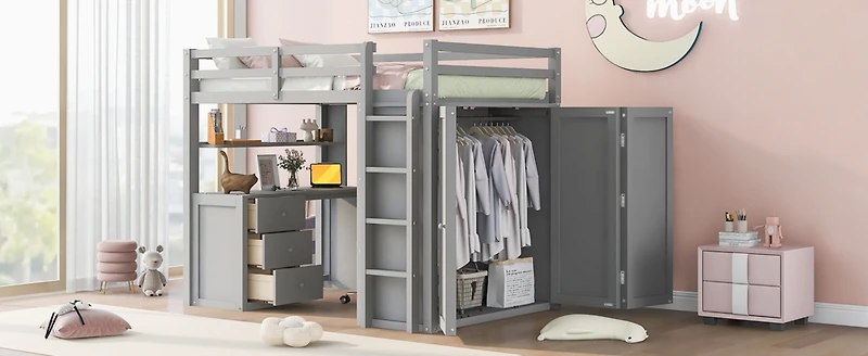 Streamdale Full Size Loft Bed With Drawers, Desk, And Wardrobe