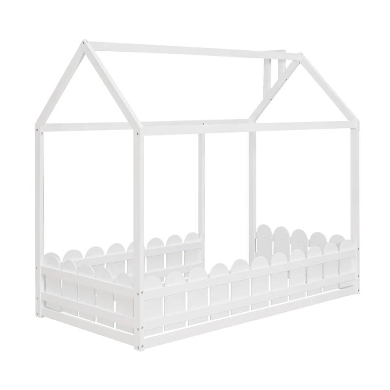 Streamdale Twin Wood Bed House Frame With Fence, For Kids, Teens, Girl