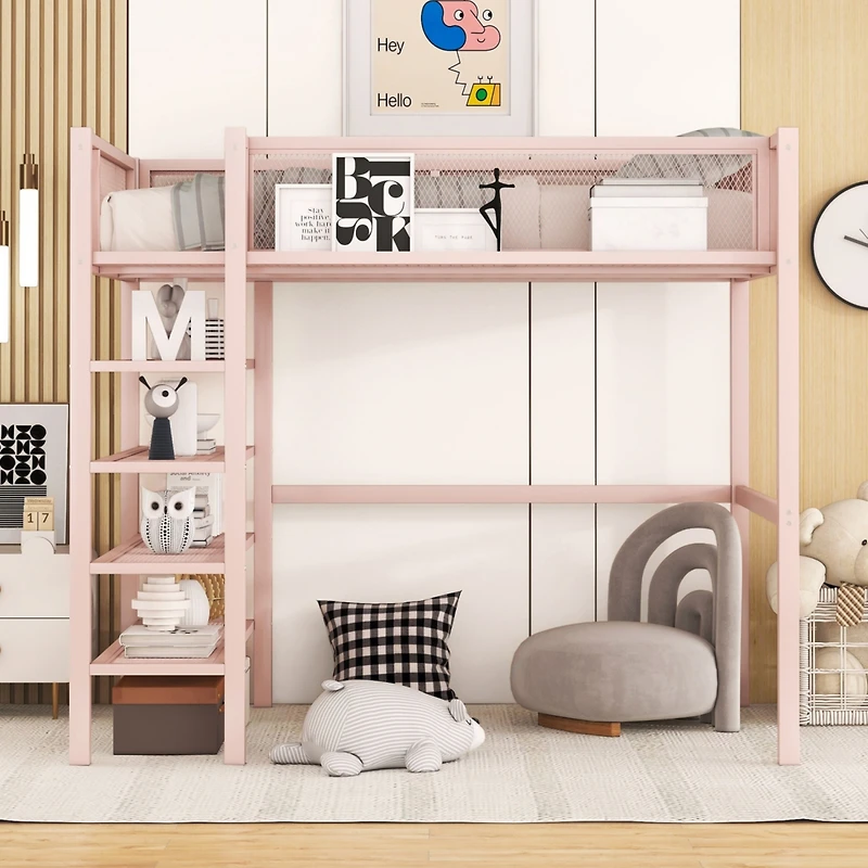 Streamdale Twin Metal Loft Bed With 4Tier Shelves And Storage, White