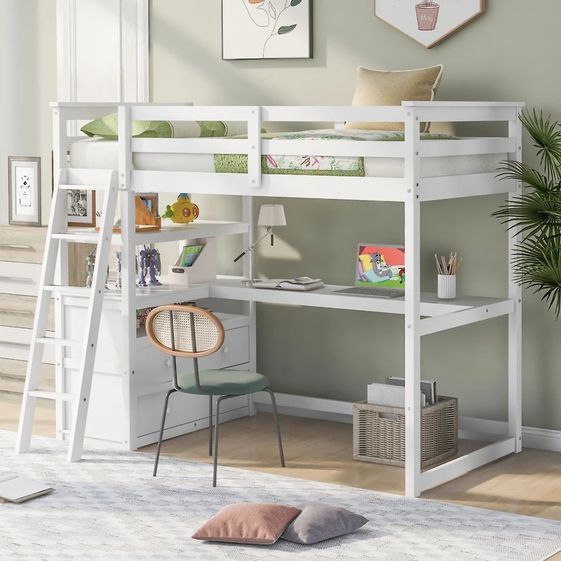 Simplie Fun Twin Size Loft Bed With Desk And Shelves, Two Built-In Drawers
